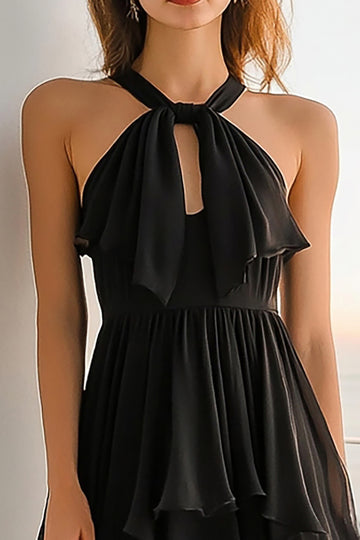 Tiered Black Halter Chiffon Graduation Dress